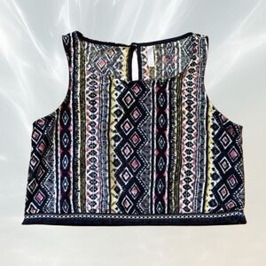 Xhilaration Women’s Sleeveless Crop Top Blue W/ Diamond Pattern Fringe Hem Sz L